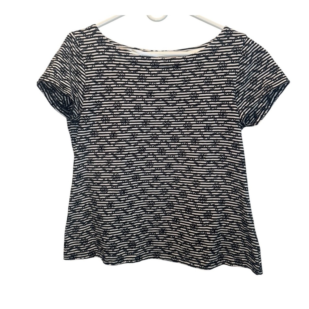 Anthropologie Women Black White Striped Floral Eyelet Knit Top Medium